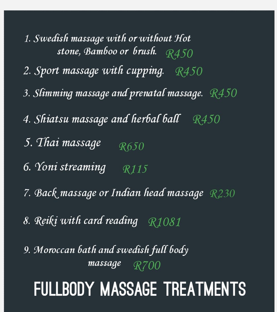 Bush spa pricelist for massages